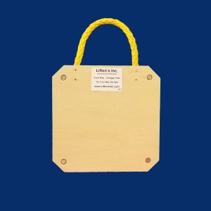 14-inch square wooden outrigger pad with rope edge handle, designed for stabilizing light-duty equipment.