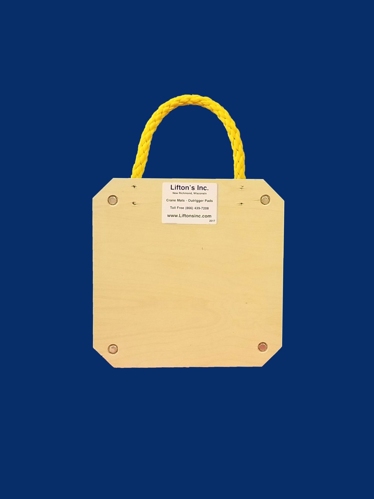 14-inch square wooden outrigger pad with rope edge handle, designed for stabilizing light-duty equipment.