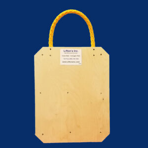 14-inch x 18-inch square wooden outrigger pad with rope edge handle, designed for stabilizing light-duty equipment.