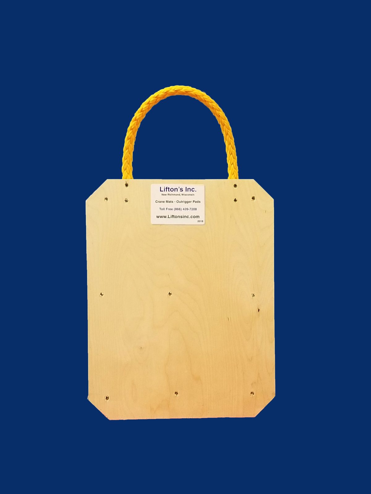 14-inch x 18-inch square wooden outrigger pad with rope edge handle, designed for stabilizing light-duty equipment.