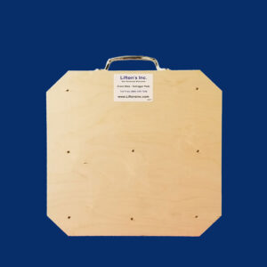 18-inch square wooden outrigger pad with steel handle, designed for stabilizing light-duty equipment.