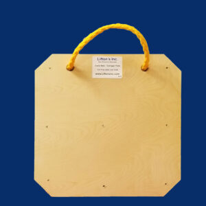 20-inch square wooden outrigger pad with rope edge handle, designed for stabilizing medium-duty equipment.