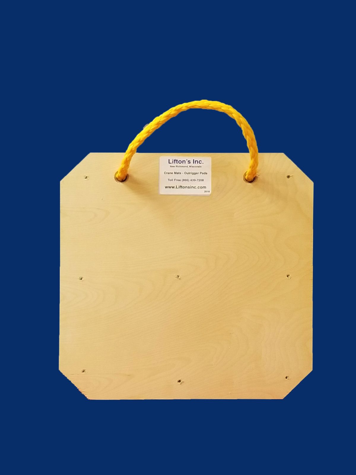 20-inch square wooden outrigger pad with rope edge handle, designed for stabilizing medium-duty equipment.