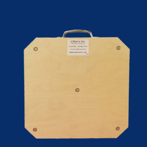 20-inch square wooden outrigger pad with steel handle, designed for stabilizing medium-duty equipment.