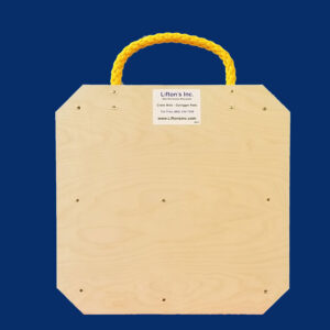 20-inch square wooden outrigger pad with rope edge handle, designed for stabilizing medium-duty equipment.