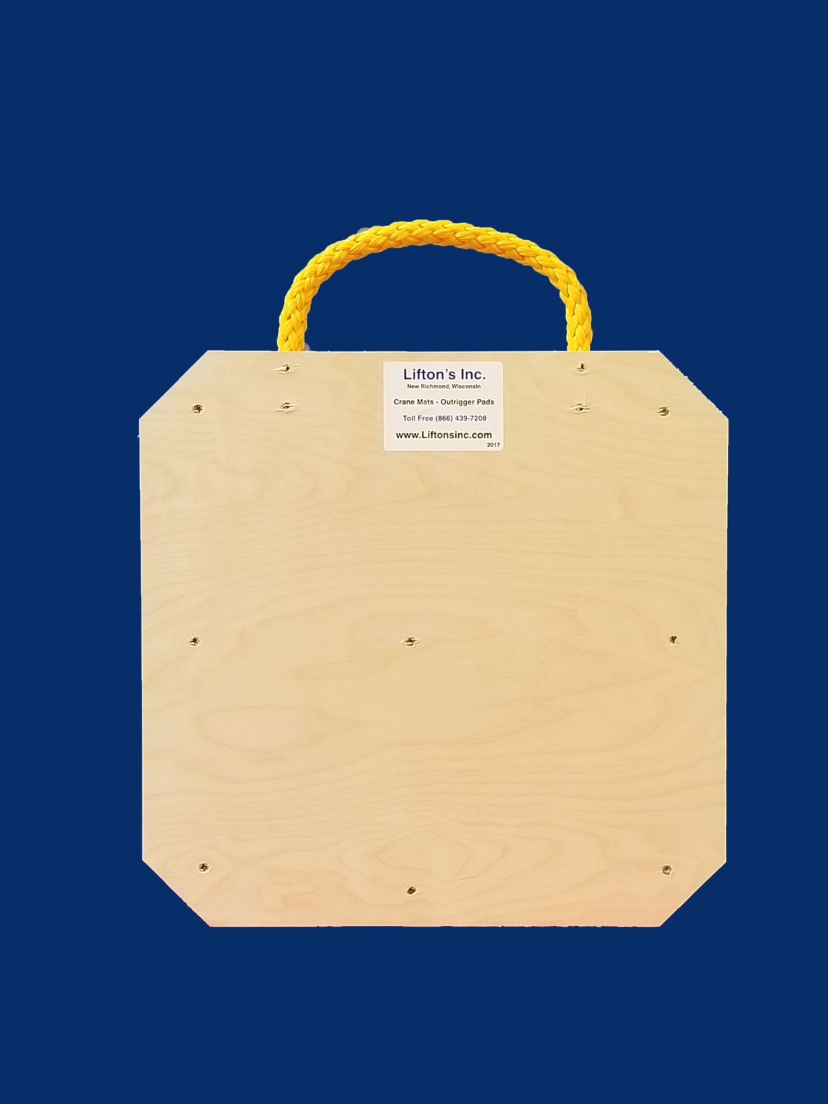 20-inch square wooden outrigger pad with rope edge handle, designed for stabilizing medium-duty equipment.