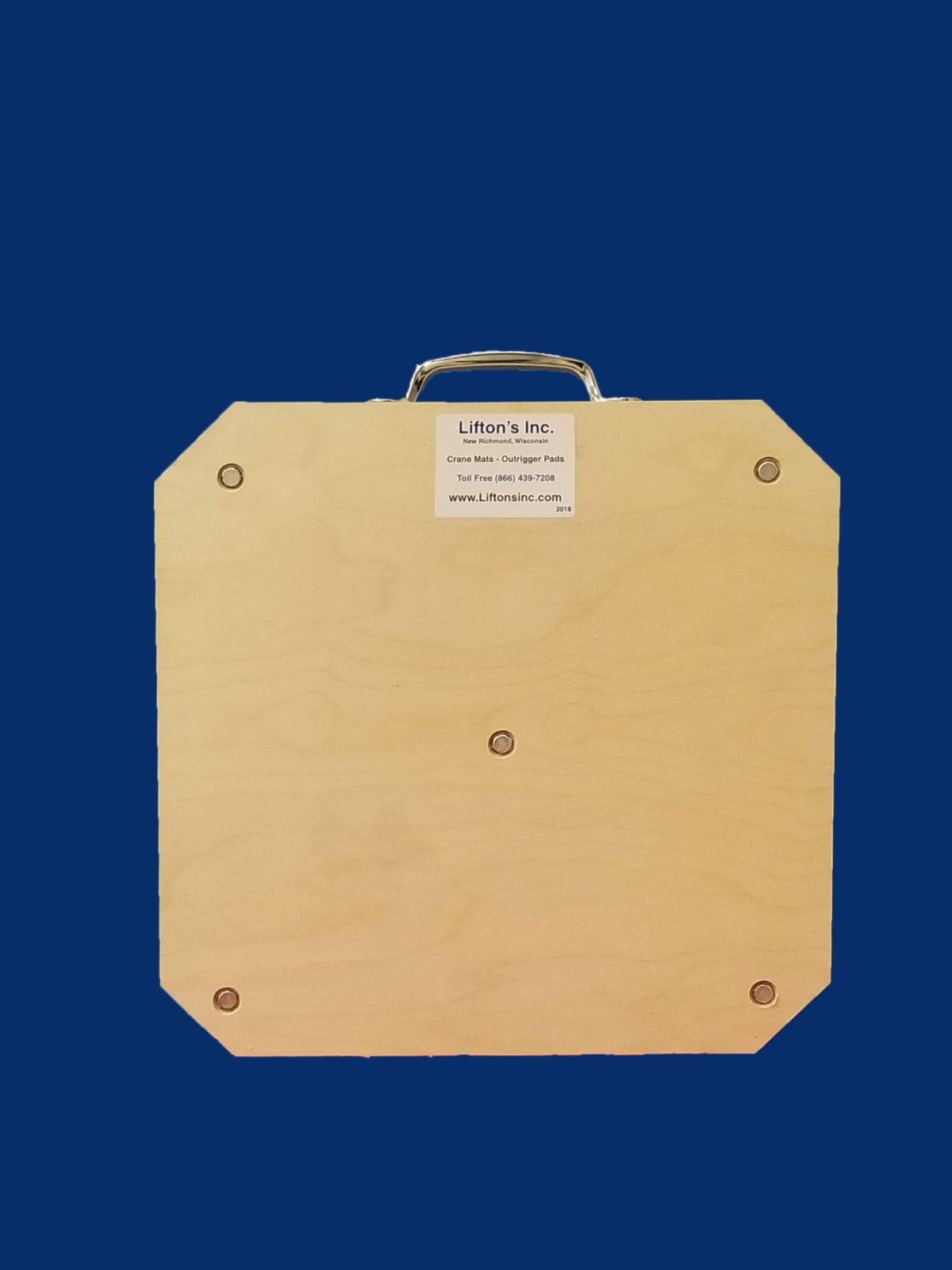 20-inch square wooden outrigger pad with steel handle, designed for stabilizing medium-duty equipment.