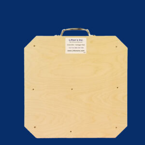 20-inch square wooden outrigger pad with steel handle, designed for stabilizing medium-duty equipment.