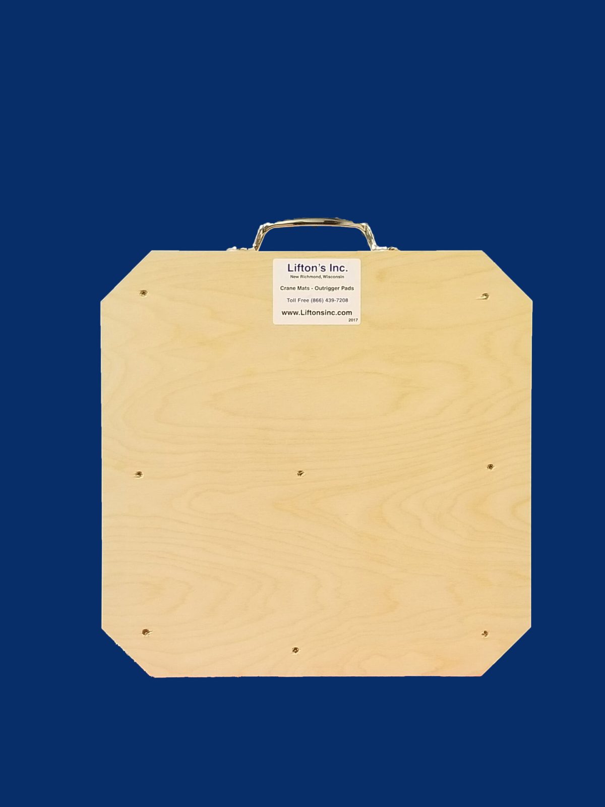 20-inch square wooden outrigger pad with steel handle, designed for stabilizing medium-duty equipment.