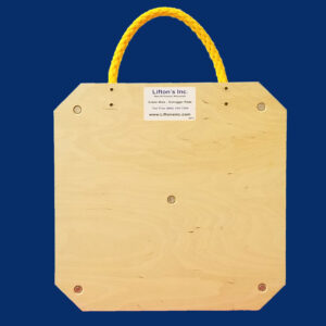 20-inch square wooden outrigger pad with rope edge handle, designed for stabilizing medium-duty equipment.