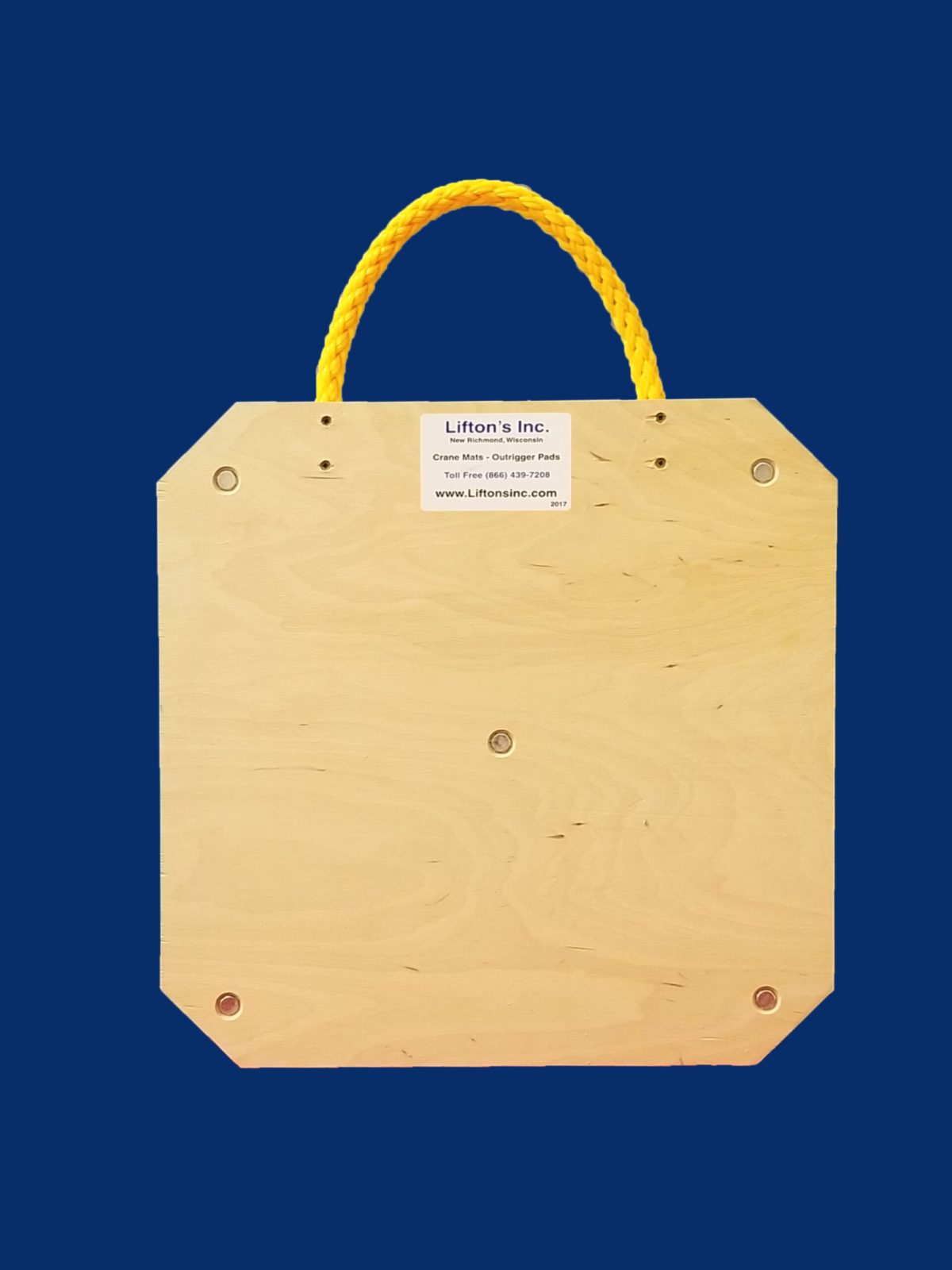 20-inch square wooden outrigger pad with rope edge handle, designed for stabilizing medium-duty equipment.