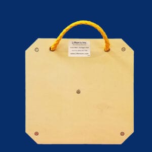 20-inch square wooden outrigger pad with rope top handle, designed for stabilizing medium-duty equipment.