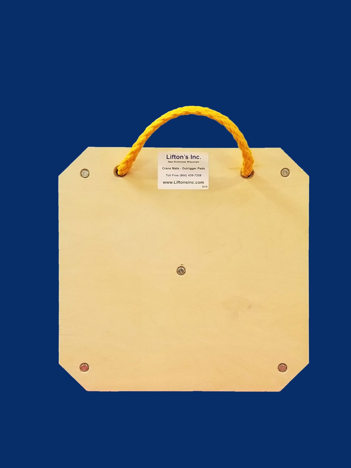 20-inch square wooden outrigger pad with rope top handle, designed for stabilizing medium-duty equipment.