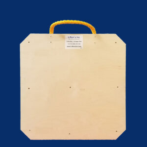 24-inch square wooden outrigger pad with rope edge handle, designed for stabilizing medium-duty equipment.