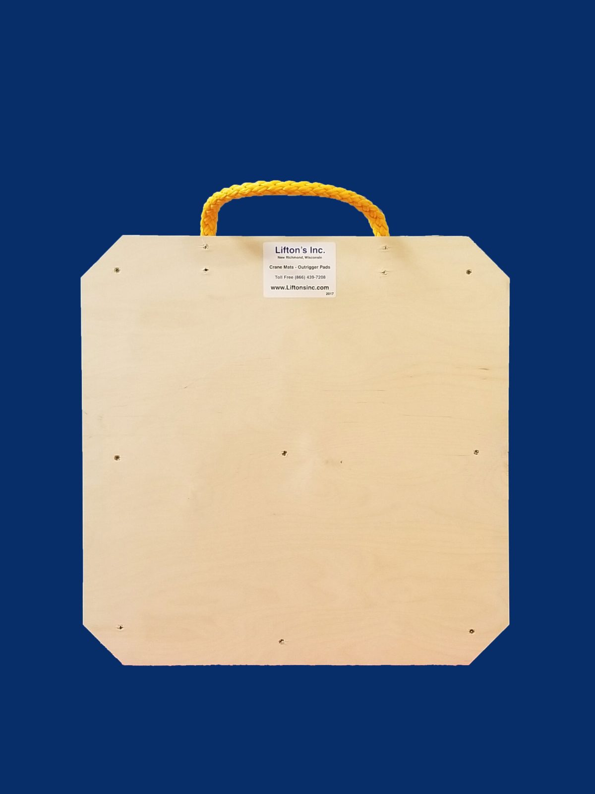 24-inch square wooden outrigger pad with rope edge handle, designed for stabilizing medium-duty equipment.
