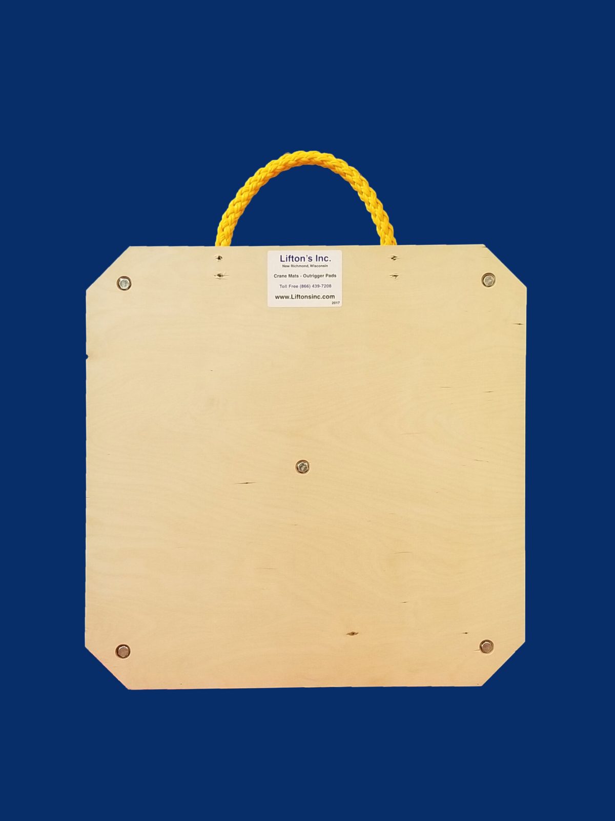 24-inch square wooden outrigger pad with rope edge handle, designed for stabilizing medium to heavy-duty equipment.