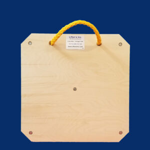 24-inch square wooden outrigger pad with rope top handle, designed for stabilizing medium to heavy-duty equipment.