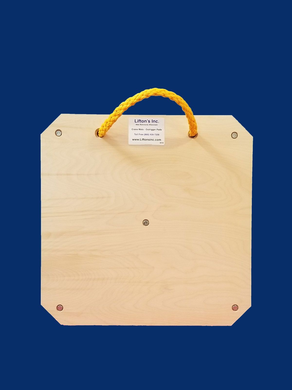 24-inch square wooden outrigger pad with rope top handle, designed for stabilizing medium to heavy-duty equipment.