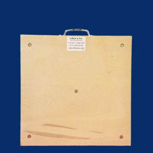 24-inch square wooden outrigger pad with steel handle, designed for stabilizing medium to heavy-duty equipment.