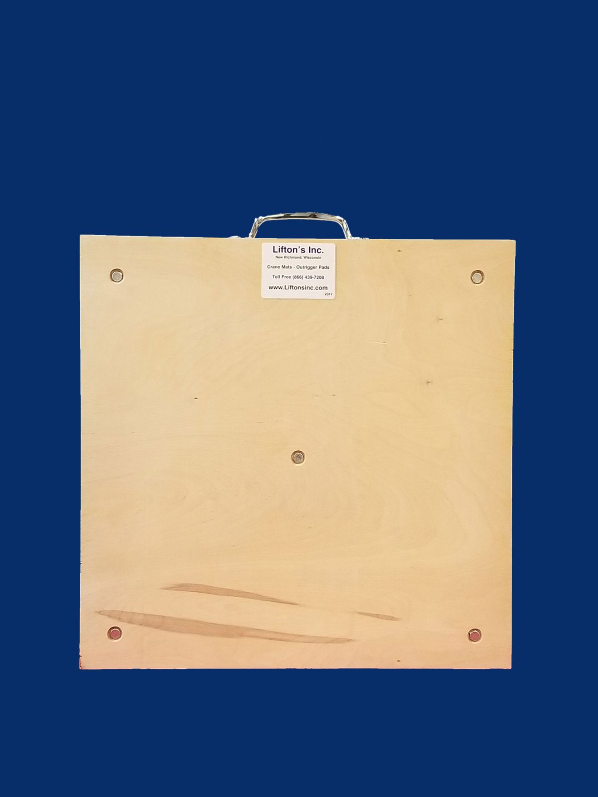 24-inch square wooden outrigger pad with steel handle, designed for stabilizing medium to heavy-duty equipment.