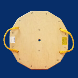 28-inch 12-sided wooden outrigger pad with rope handles, designed for easy maneuverability and equipment stabilization.