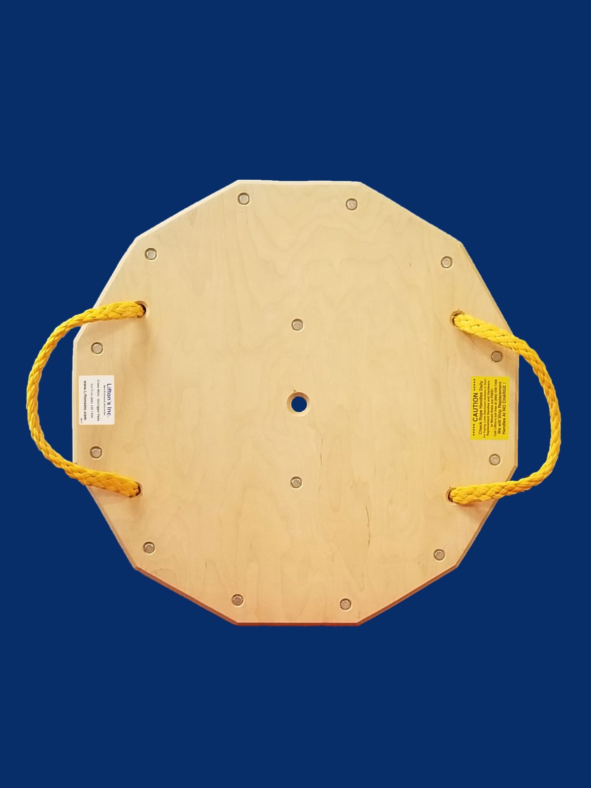 28-inch 12-sided wooden outrigger pad with rope handles, designed for easy maneuverability and equipment stabilization.