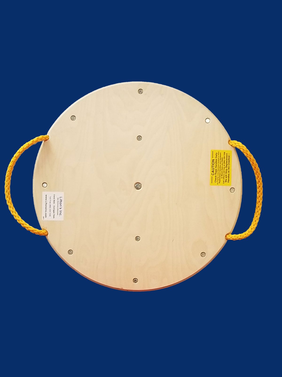 36-inch round wooden crane mat featuring rope handles, suitable for industrial applications. Designed for easy maneuverability and equipment stabilization.