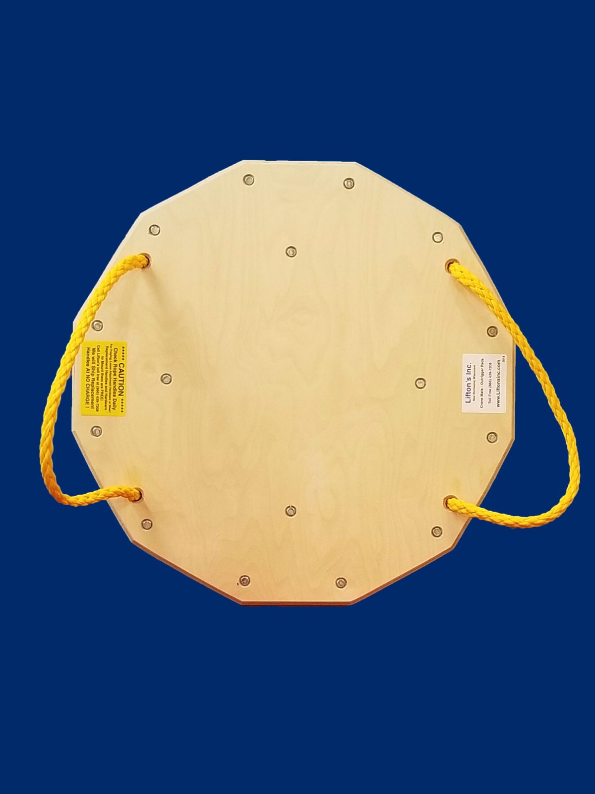 30-inch 12-sided wooden outrigger pad with rope handles, offering durable, easy-to-position support for light to medium-duty equipment.