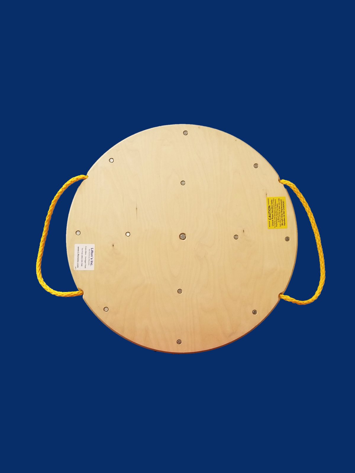 36-inch round wooden crane mat featuring rope handles, suitable for industrial applications. Designed for easy maneuverability and equipment stabilization.