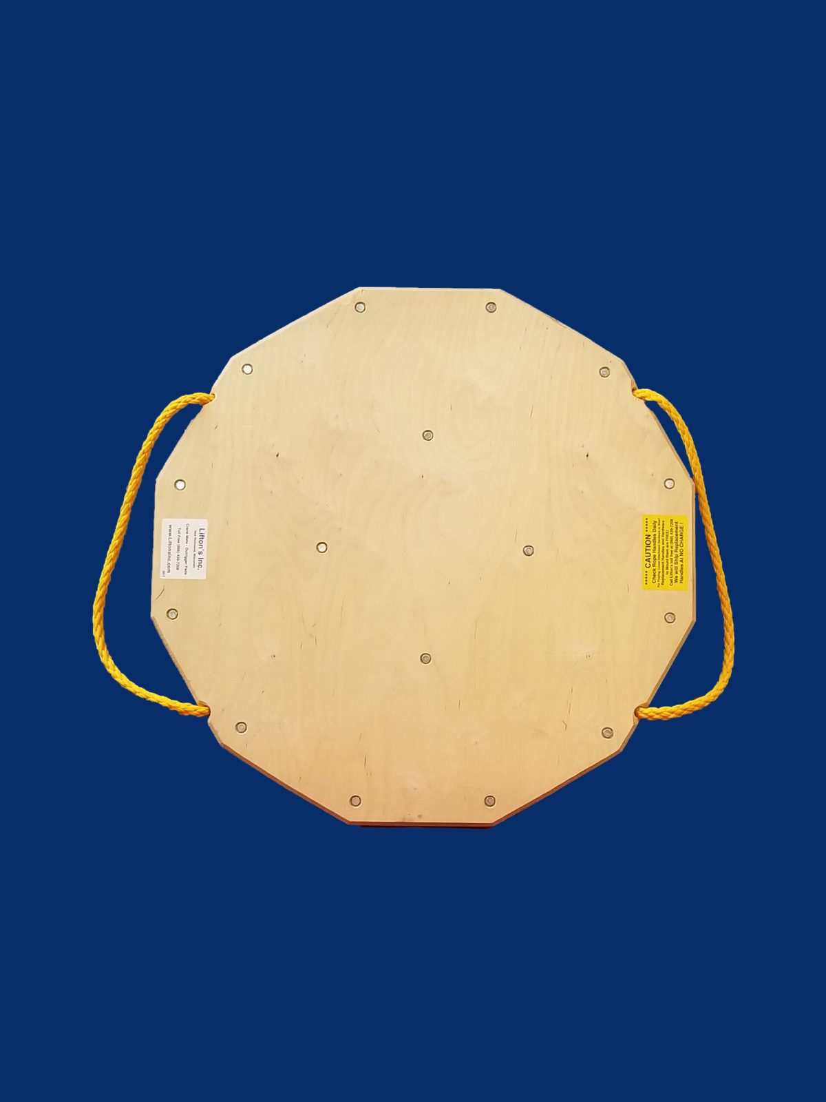 36-inch 12-sided wooden outrigger pad with rope handles, designed for heavy-duty stabilization with improved edge durability and handling.