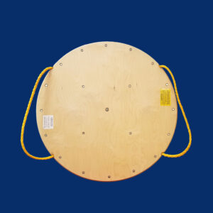 42-inch round wooden crane mat featuring rope handles, suitable for industrial applications. Designed for easy maneuverability and equipment stabilization.