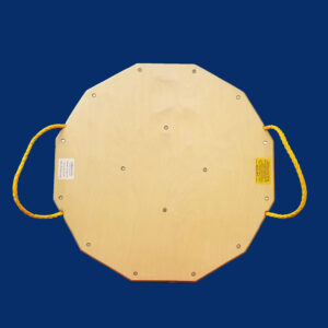 42-inch 12-sided wooden outrigger pad with rope handles, designed for heavy-duty stabilization with improved edge durability and handling.