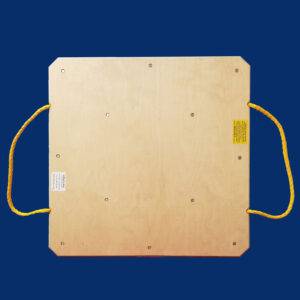 42-inch square wooden outrigger pad with rope handles, built for reliable equipment stabilization in construction and industrial applications.