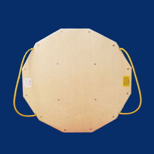 48-inch 12-sided wooden crane mat with rope handles, offering heavy-duty support and enhanced maneuverability for cranes and industrial equipment.
