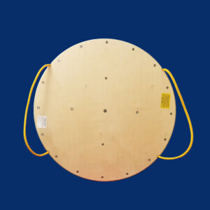 48-inch round wooden crane mat featuring rope handles, suitable for industrial applications. Designed for easy maneuverability and equipment stabilization.