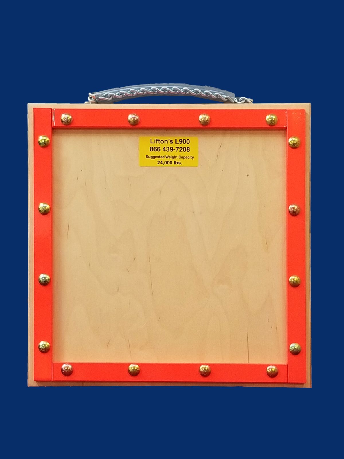An L900 wooden outrigger pad with a steel collar for tree trimmers and bucket trucks.